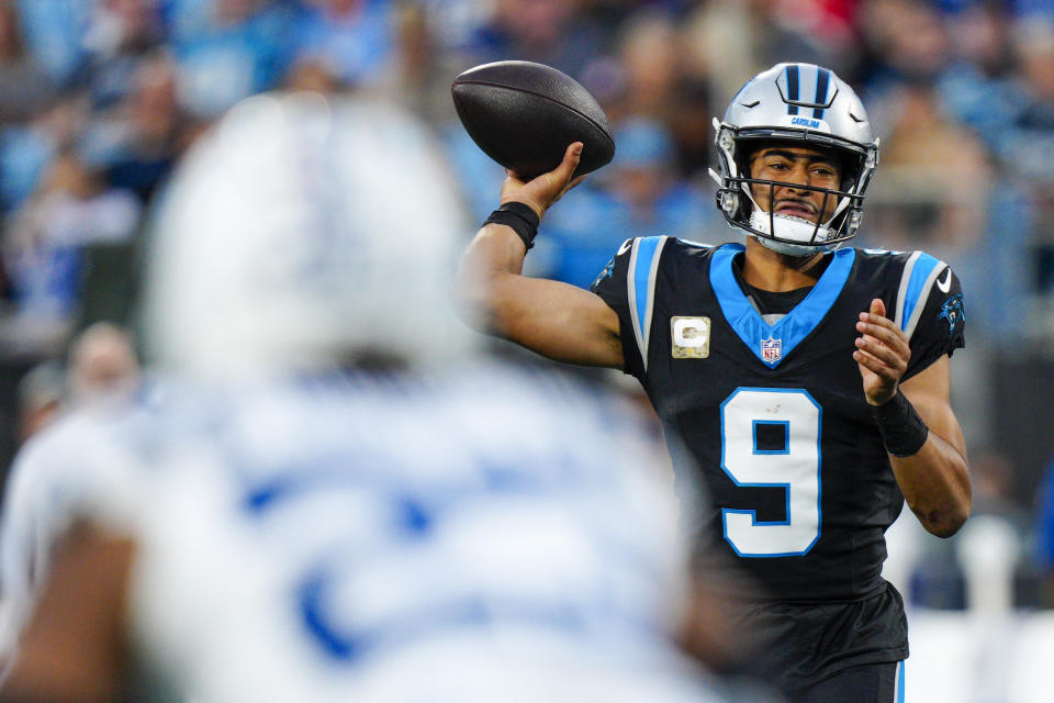 Carolina Panthers quarterback Bryce Young against the Indianapolis Colts during the first half of an NFL football game Sunday, Nov. 5, 2023, in Charlotte, N.C. (AP Photo/Jacob Kupferman)