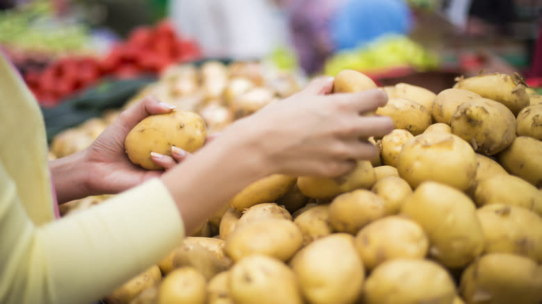 person selecting potatoes at store 