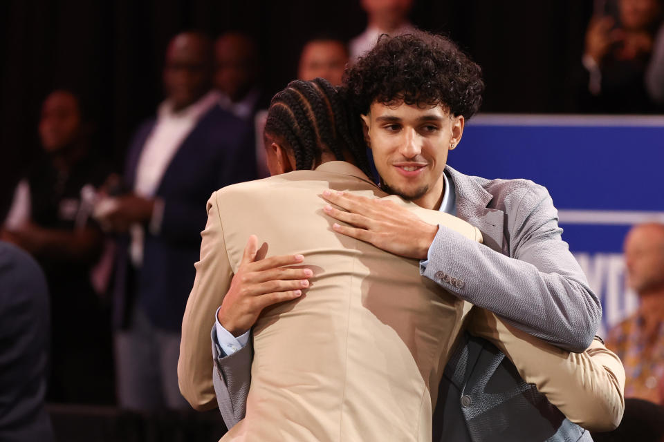 Zaccharie Risacher (right) and Alex Sarr (left) were the first two picks in the 2024 draft. (Photo by Sarah Stier/Getty Images)