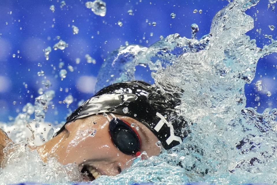 Katie Ledecky participates in the women's 800 freestyle during wave 2 of the U.S. Olympic Swim Trials on Saturday, June 19, 2021, in Omaha, Neb. (AP Photo/Charlie Neibergall)