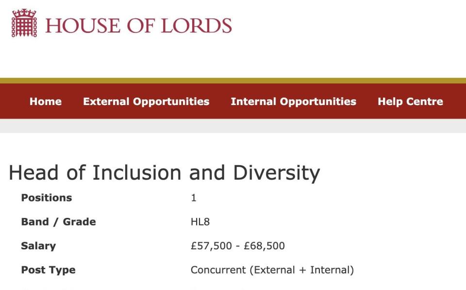 The House of Lord's head of inclusion and diversity could earn up to £68,500 a year