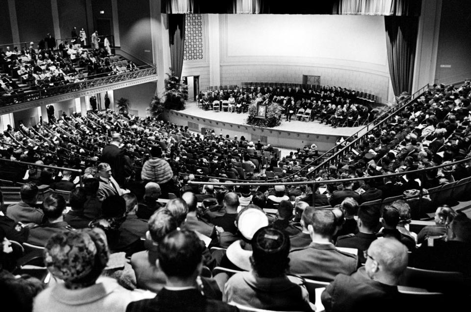 A crowd of 2,500 listen in sadness as Tennesseans paid tribute to the late President John Fitzgerald Kennedy at the War Memorial Auditorium on Nov. 24,1963. Men, women and children crowded to hear Justice Weldon White, Gov. Frank Clement and ministers of four faiths.