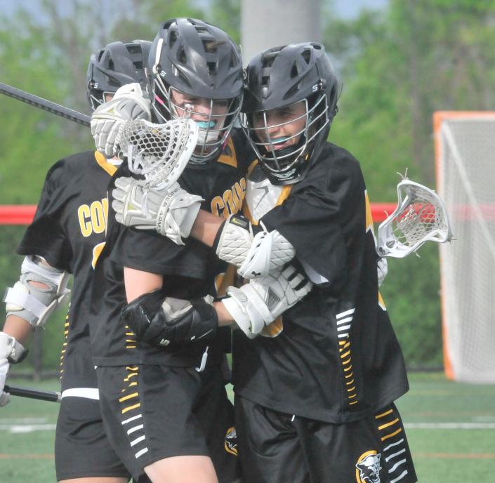 Honeoye Falls-Lima players celebrate a goal against Wayne during Friday's Class C semifinal.