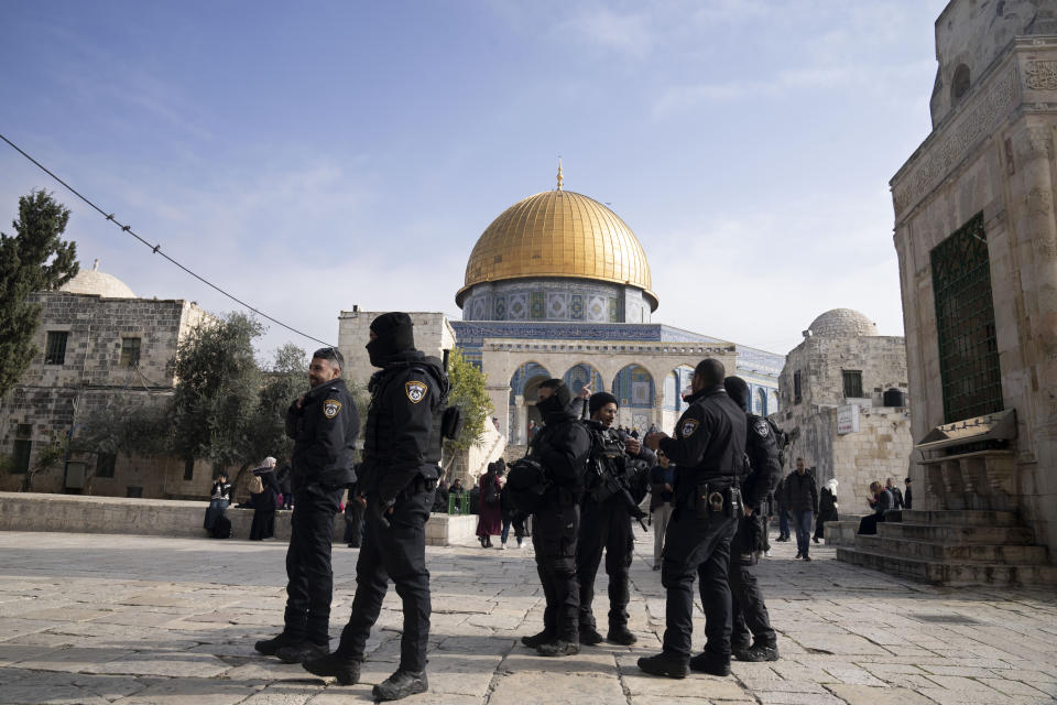 FILE - Israeli police secure the Al-Aqsa Mosque compound, known to Muslims as the Noble Sanctuary and to Jews as the Temple Mount, in the Old City of Jerusalem, Tuesday, Jan. 3, 2023. Itamar Ben-Gvir, an ultranationalist Israeli Cabinet minister, visited the flashpoint Jerusalem holy site Tuesday for the first time since taking office in Prime Minister Benjamin Netanyahu's new far-right government last week. The visit is seen by Palestinians as a provocation. (AP Photo/Maya Alleruzzo)