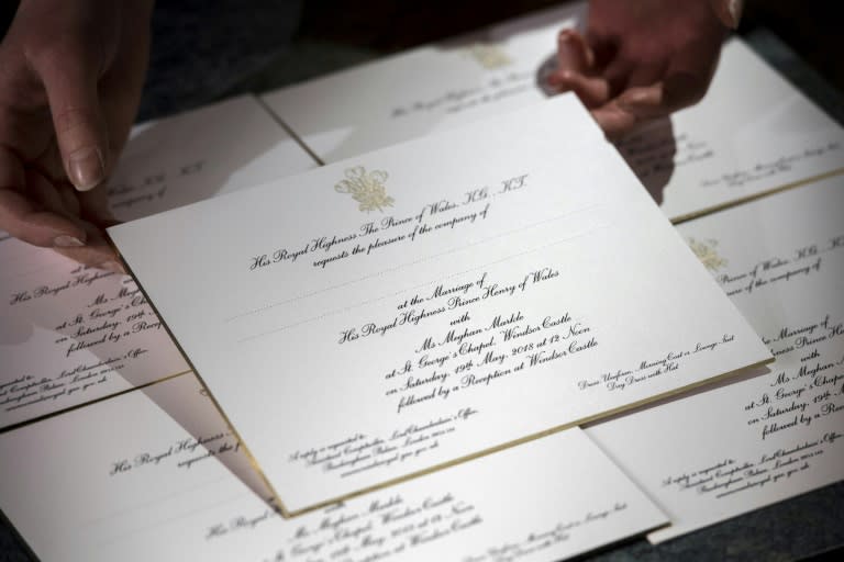 Invitations for the wedding of Britain's Prince Harry and US actress Meghan Markle are pictured, after they have been printed at the workshop of Barnard and Westwood in London on March 22, 2018