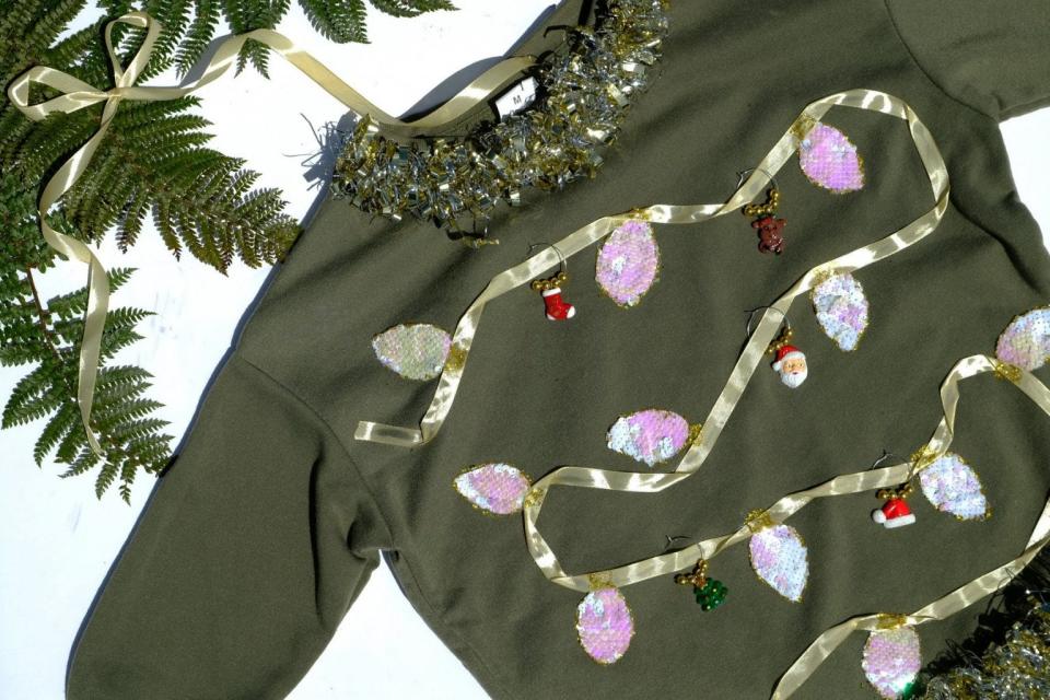 How to DIY an ugly Christmas sweater using old clothes and materials.