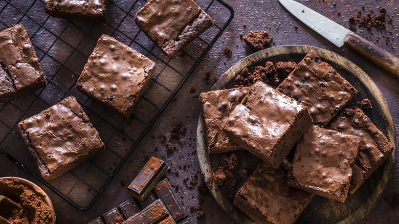 Sliced brownies on rack