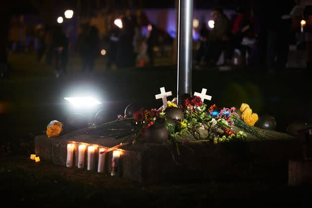 A makeshift memorial is pictured during a candlelight vigil in Cutler Park in Waukesha, Wisconsin, on Nov. 22, the day after a vehicle drove through a Christmas parade. (Photo: MUSTAFA HUSSAIN via Getty Images)