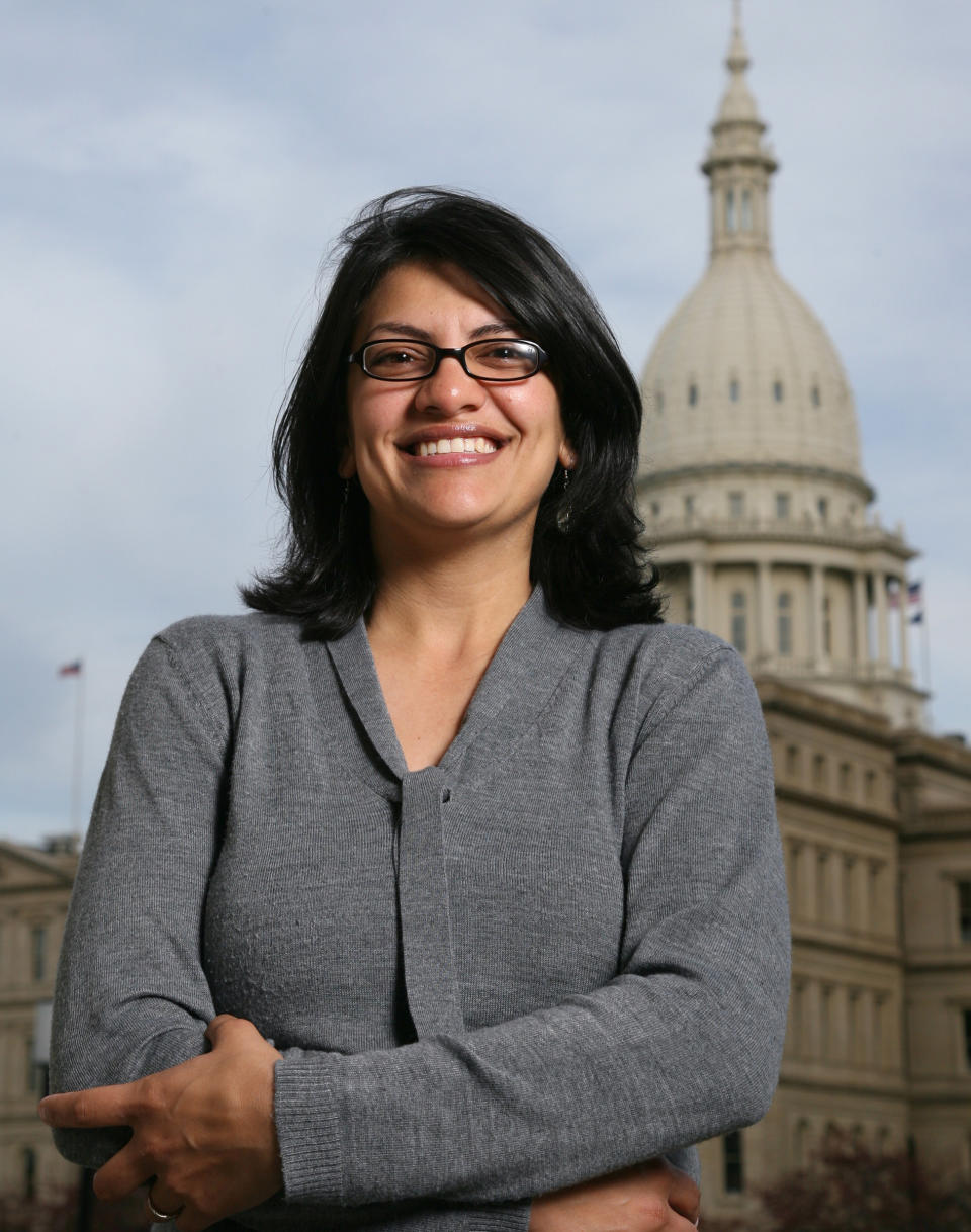 Rashida Tlaib is shown in front of the Michigan Capitol after her election as the first Muslim woman to serve in the state House.