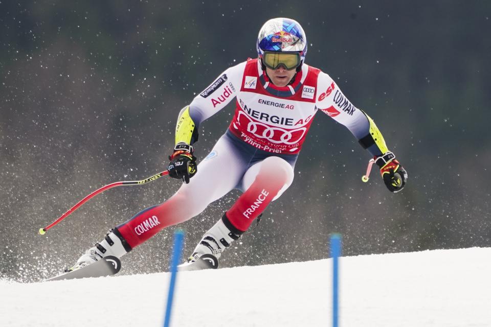 France's Alexis Pinturault competes during the super-G portion of an alpine ski, men's World Cup combined, in Hinterstoder, Austria, Sunday, March 1, 2020. (AP Photo/Giovanni Auletta)