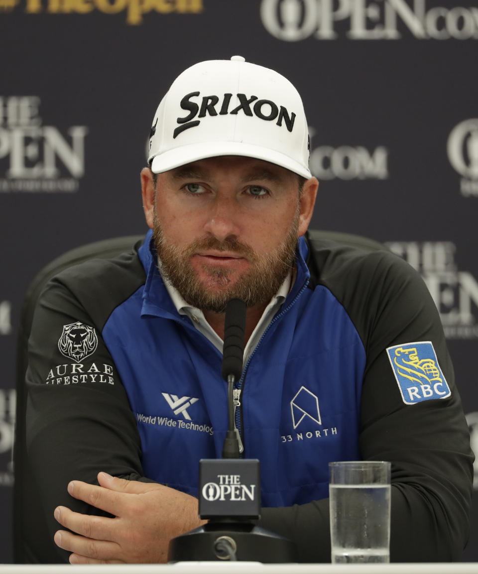 Northern Ireland's Graeme McDowell speaks during a press conference ahead of the start of the British Open golf championships at Royal Portrush in Northern Ireland, Wednesday, July 17, 2019. The British Open starts Thursday. (AP Photo/Matt Dunham)