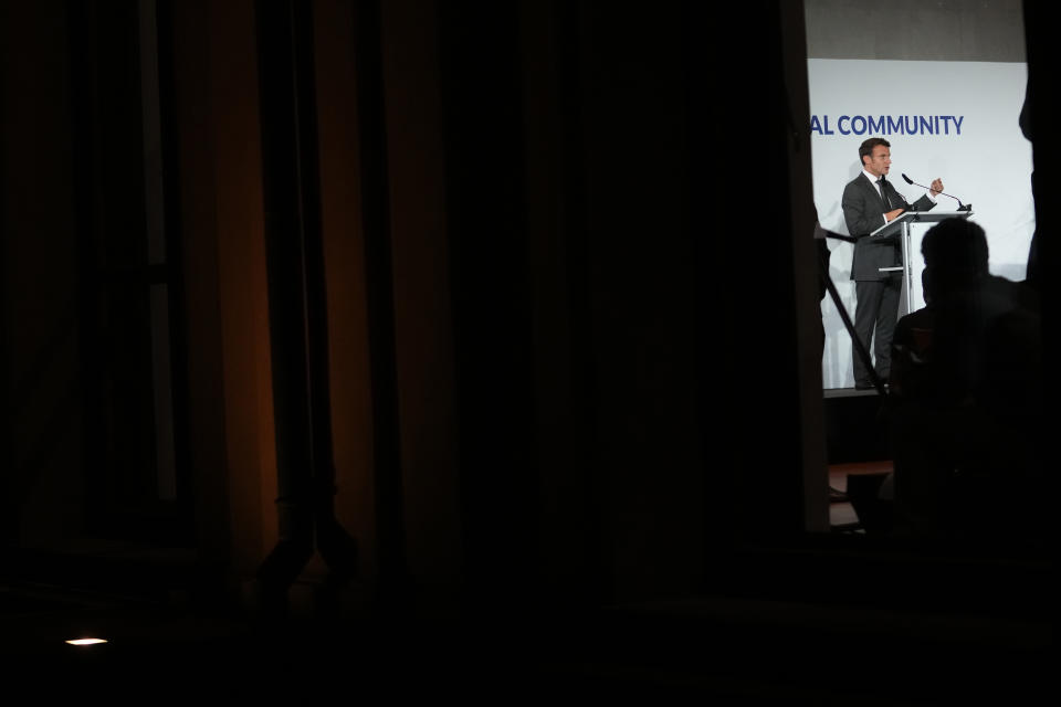 French President Emmanuel Macron speaks during a media conference after a meeting of the European Political Community at Prague Castle in Prague, Czech Republic, Thursday, Oct 6, 2022. The leaders of 44 European countries stretching from Iceland all the way to Turkey met Thursday in what many said was a united stand against Russia's war on Ukraine, as an energy crisis and high inflation fueled by the conflict wreak havoc on their economies. (AP Photo/Petr David Josek)