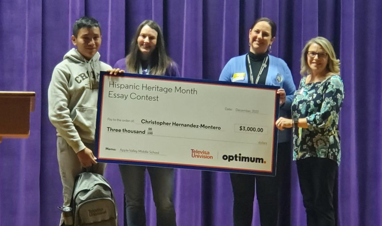 Pictured from left to right are Optimum’s Grand Prize Winner Christopher Hernandez-Montero, Apple Valley Middle School English Teacher Jennifer Summers, Councilwoman Lyndsey Simpson, and Optimum’s Lisa Stokes.