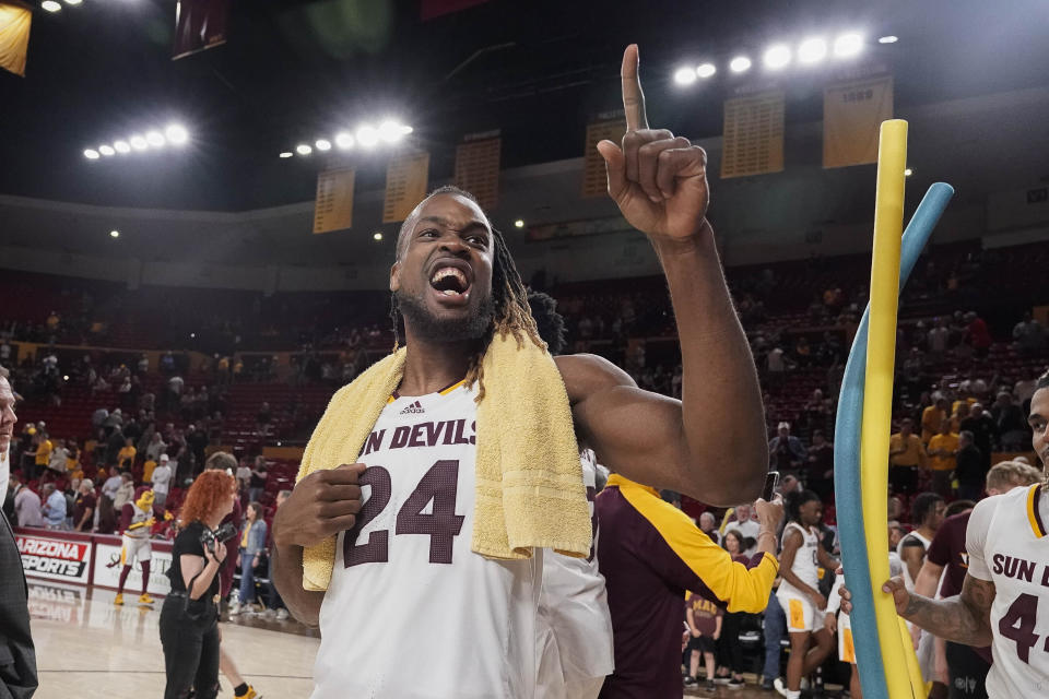 Arizona State forward Bryant Selebangue (24) celebrates after a win over Washington State in an NCAA college basketball game Saturday, Feb. 24, 2024, in Tempe, Ariz. (AP Photo/Darryl Webb)