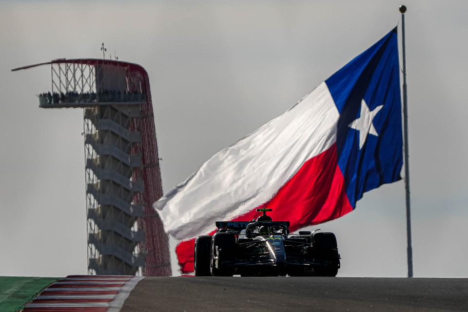 Mercedes AMG Petronas driver Lewis Hamilton crests the hill heading toward Turn 10 during a qualifying round Friday at Circuit of the Americas. Formula One's annual Texas stop for the U.S. Grand Prix culminates with Sunday's race.
