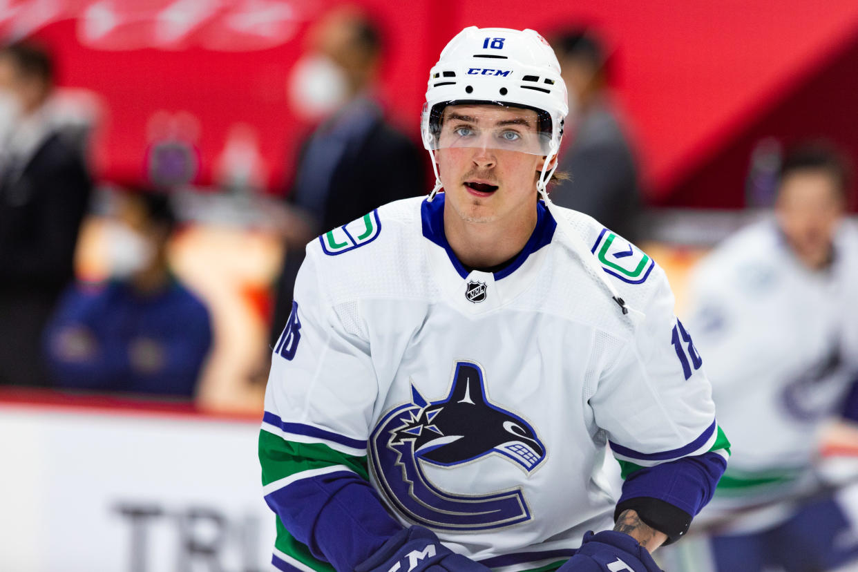 OTTAWA, ON - APRIL 28: Vancouver Canucks Right Wing Jake Virtanen (18) during warm-up before National Hockey League action between the Vancouver Canucks and Ottawa Senators on April 28, 2021, at Canadian Tire Centre in Ottawa, ON, Canada. (Photo by Richard A. Whittaker/Icon Sportswire via Getty Images)