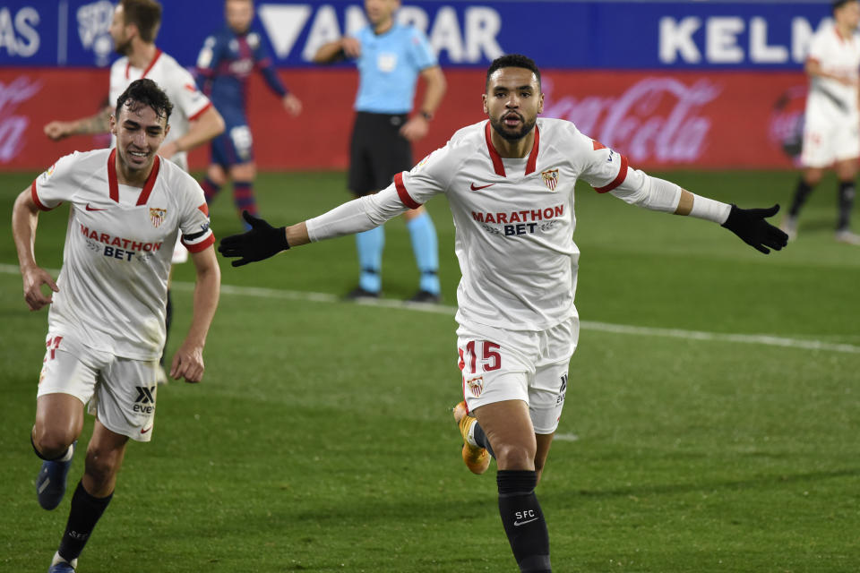 Sevilla's Youssef En-Nesyri (right) celebrating a goal. (PHOTO: LaLiga Santander)