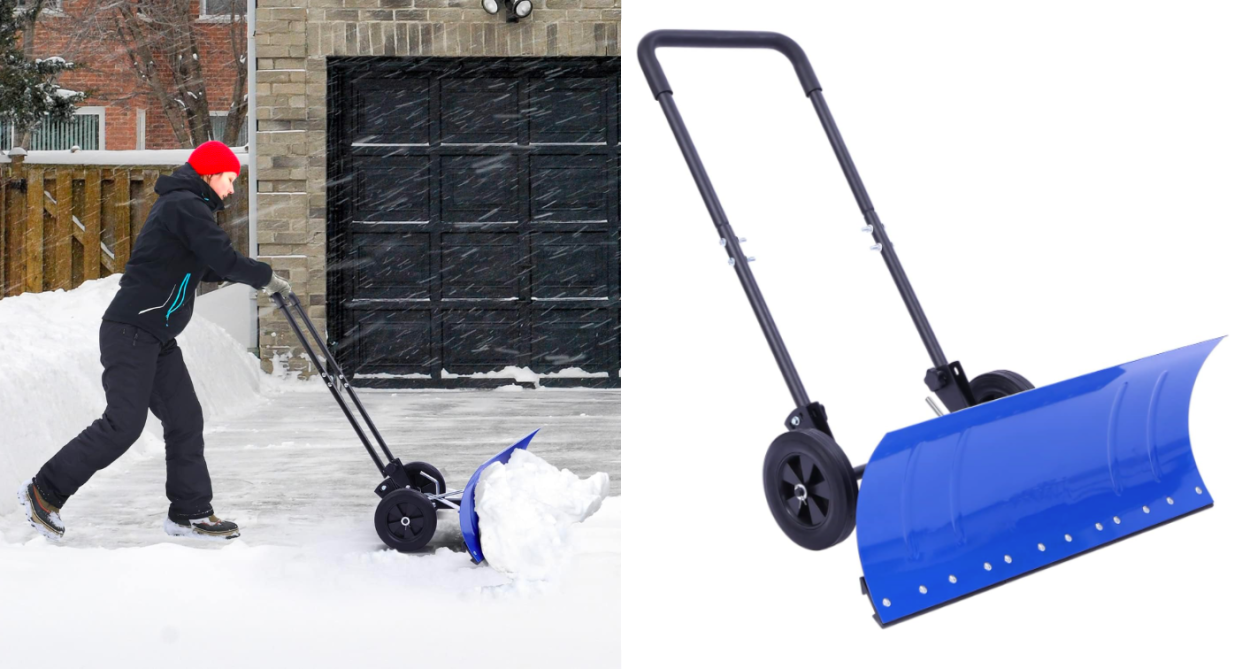 The Ohuhu Heavy Duty Wheeled Snow Shovel makes it easy to clear snow this winter. Photos via Amazon.