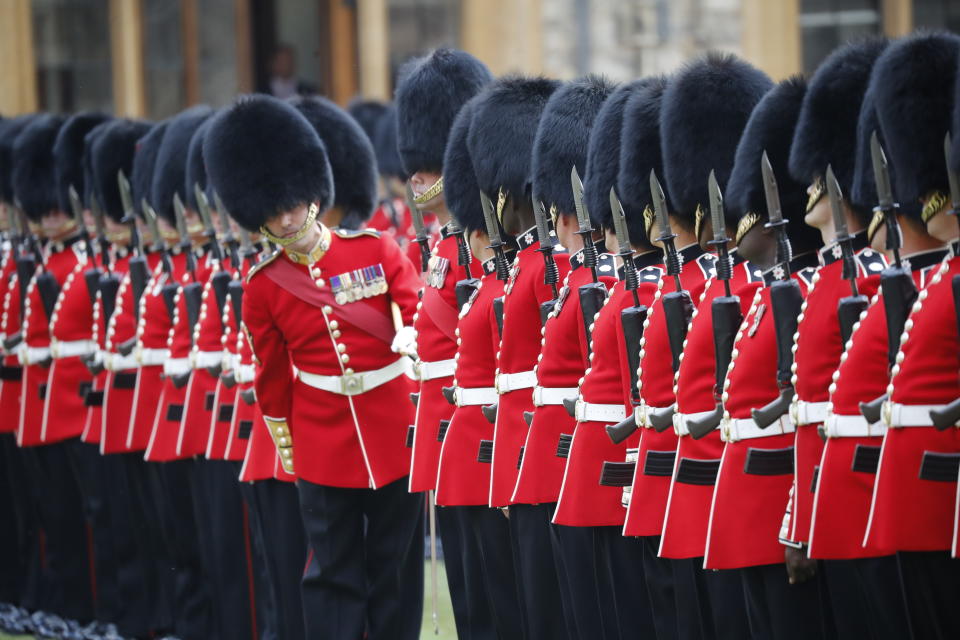 <p>The Guard of Honour at Windsor Castle in Windsor, England, prepares for the arrival of Queen Elizabeth II and U.S. President Donald Trump, Friday, July 13, 2018. (Photo: Pablo Martinez Monsivais/AP) </p>