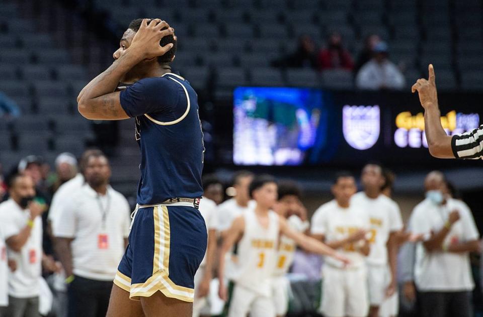 Central Catholic’s Malachi Miller reacts to fouling out of the game in the fourth quarter of the boys Sac-Joaquin Section Division 3 final with Vanden at the Golden 1 Center in Sacramento, Calif., on Saturday, Feb. 26, 2022.