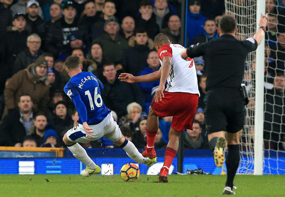 James McCarthy’s leg break, right after the moment of impact. (Getty)