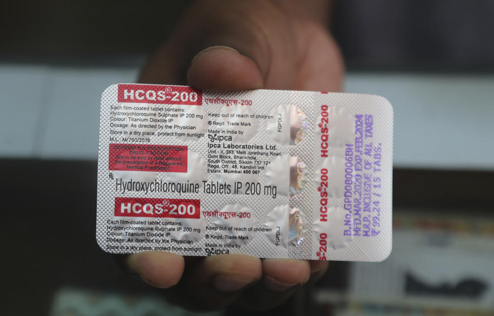 FILE - A chemist displays hydroxychloroquine tablets in Mumbai, India, Tuesday, May 19, 2020. On Friday, Sept. 29, 2023, The Associated Press reported on stories circulating online incorrectly claiming the Mayo Clinic “quietly” updated its website in 2023 to say that hydroxychloroquine can now be used to treat COVID-19. (AP Photo/Rafiq Maqbool, File)