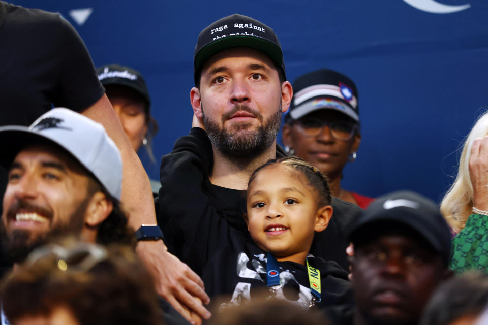 Alexis Ohanian and Alexis Olympia Ohanian Jr., husband and daughter of Serena Williams of the United States, watch as Serena plays Belinda Bencic of Switzerland during the National Bank Open, part of the Hologic WTA Tour, at Sobeys Stadium on August 10, 2022 in Toronto, Ontario, Canada. 