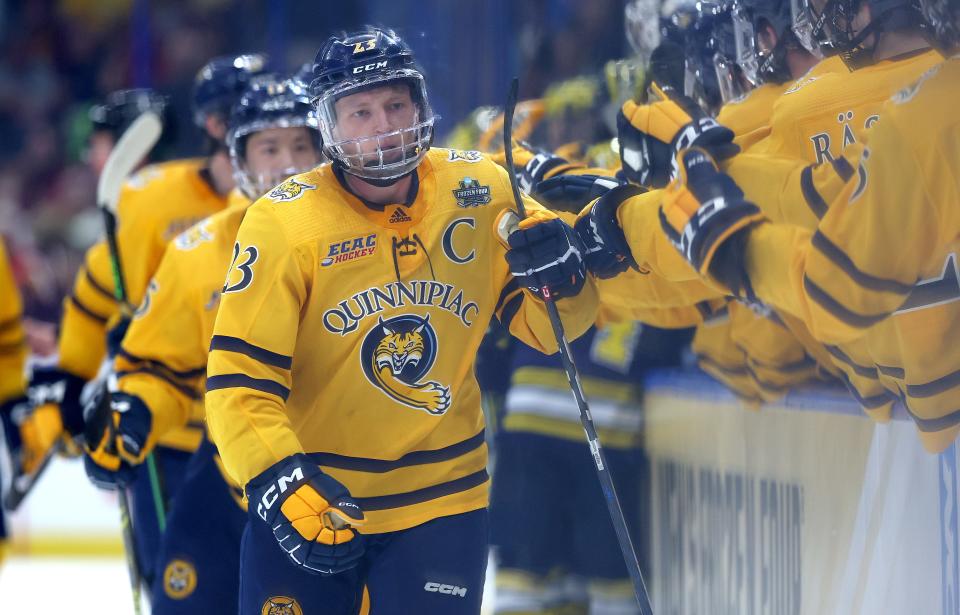 Zach Metsa of the Quinnipiac Bobcats celebrates a goal in the third period during a semifinal of the 2023 Frozen Four against the Michigan Wolverines at Amalie Arena on April 6, 2023 in Tampa, Florida.