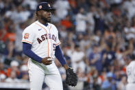 Houston Astros starting pitcher Cristian Javier reacts after giving up a solo home run to New York Yankees' DJ LeMahieu during the fifth inning in the first game of a baseball doubleheader Thursday, July 21, 2022, in Houston. (AP Photo/Kevin M. Cox)