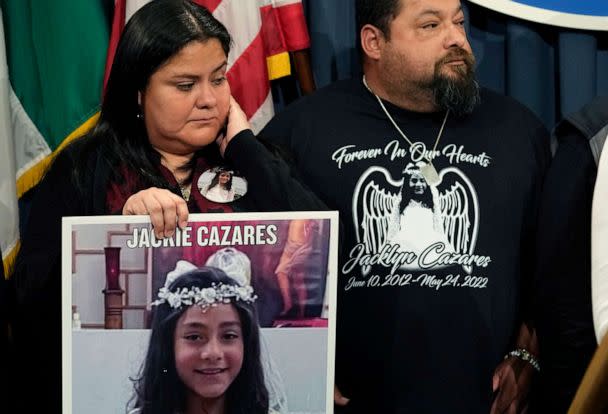 PHOTO: Gloria and Javier Cazares, hold a photo of their daughter Jackie, who was one of 19 children killed by a gunman at Robb Elementary School in Uvalde, Texas, during a news conference at the Texas Capitol in Austin, Texas, Jan. 24, 2023. (Eric Gay/AP)