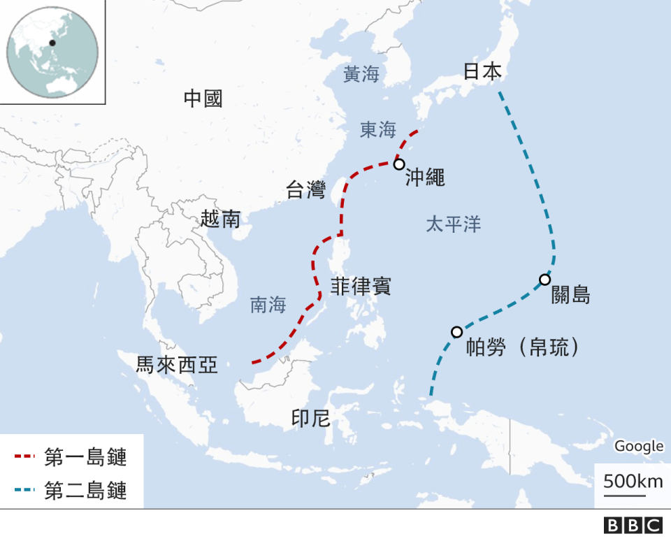 第一島鏈和第二島鏈圖示。