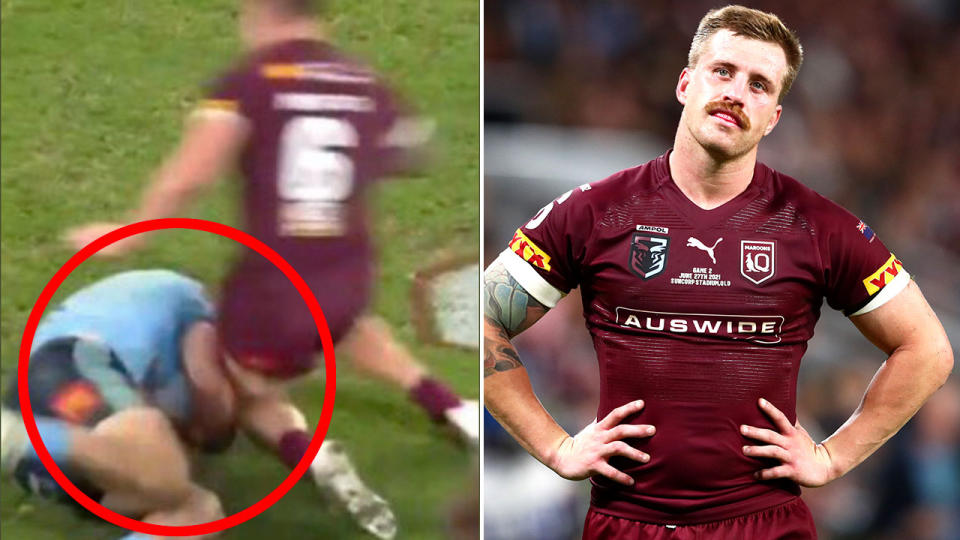 Pictured here, Cameron Munster collects James Tedesco with his knees in Origin Game II.