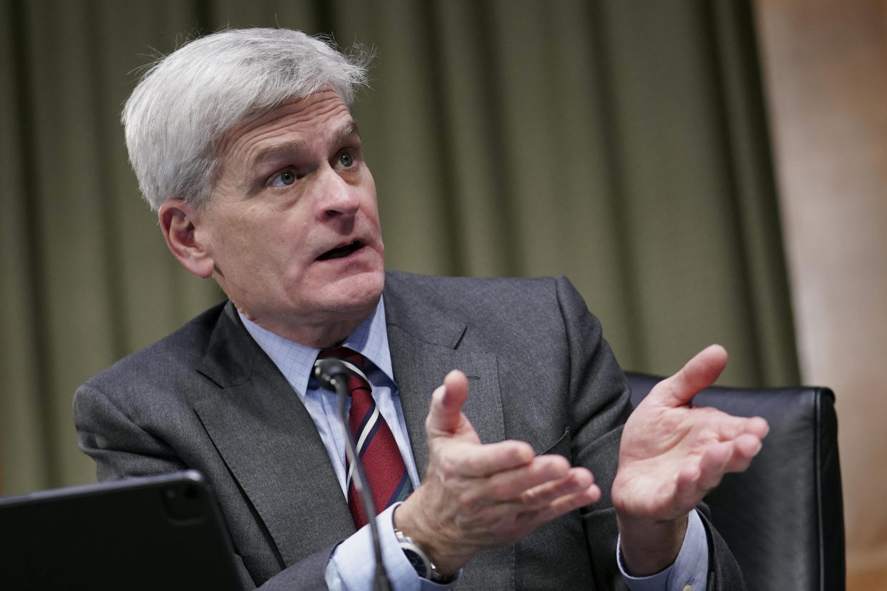 Sen. Bill Cassidy, R-La., speaks during a confirmation hearing for Secretary of Veterans Affairs nominee Denis McDonough before the Senate Committee on Veterans&#39; Affairs on Capitol Hill, Wednesday, Jan. 27, 2021, in Washington. (Sarah Silbiger/Pool via AP)
