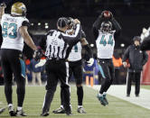 <p>Jacksonville Jaguars linebacker Myles Jack (44) reacts after recovering a fumble during the second half of the AFC championship NFL football game against the New England Patriots, Sunday, Jan. 21, 2018, in Foxborough, Mass. (AP Photo/David J. Phillip) </p>