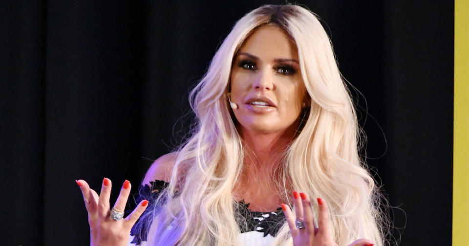 Katie Price speaking at the School of Life, London. [Nils Jorgensen/REX/Shutterstock]