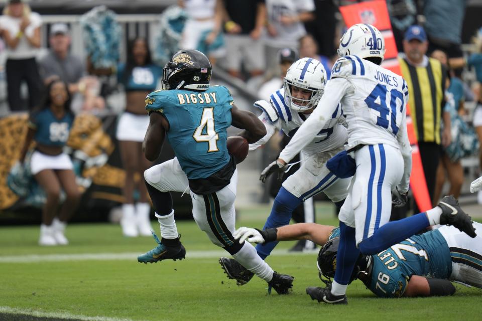 Jacksonville Jaguars' Tank Bigsby (4) goes in for a touchdown during the second half of an NFL football game against the Indianapolis Colts, Sunday, Oct. 6, 2024, in Jacksonville, Fla. (AP Photo/John Raoux)