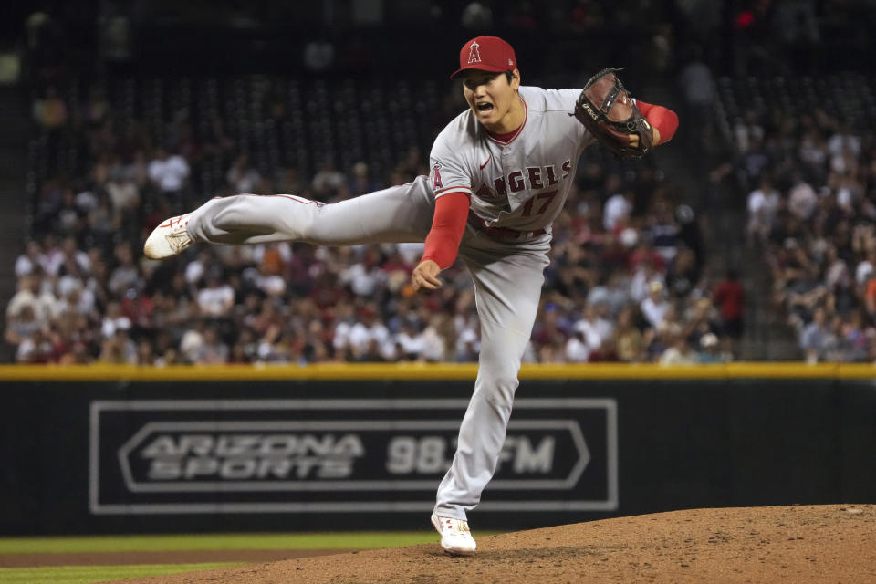 Los Angeles Angels pitcher Shohei Ohtani (17) in the first inning during a baseball game against the Arizona Diamondbacks, Friday, June 11, 2021, in Phoenix. (AP Photo/Rick Scuteri)