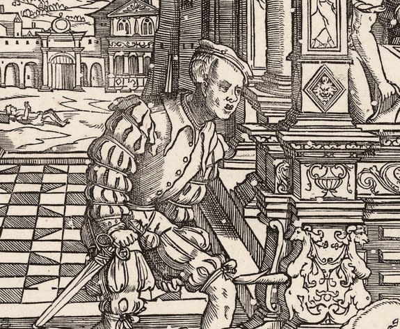 The 1541 woodcut "De Rijke Man" (The Rich Man) by Cornelius Anthonisz. White circles reveal where furniture beetles gnawed through the wood block before printing.