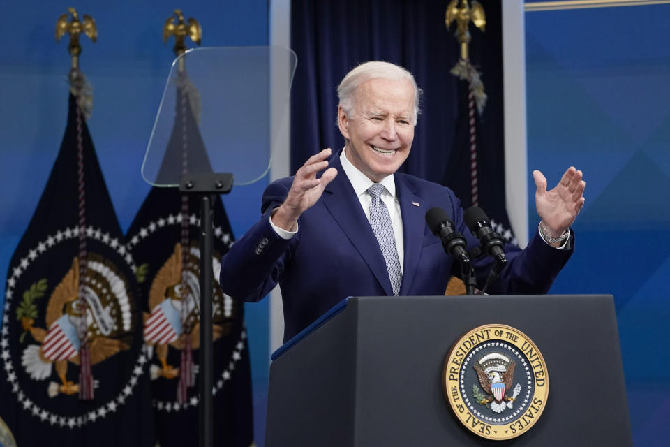 FILE - President Joe Biden speaks about inflation in the South Court Auditorium on the White House complex in Washington,Tuesday, May 10, 2022. While the primaries are testing Trump’s grip on the GOP, they’re also serving as a barometer of Biden’s ability to shape the Democratic Party. (AP Photo/Manuel Balce Ceneta, File)