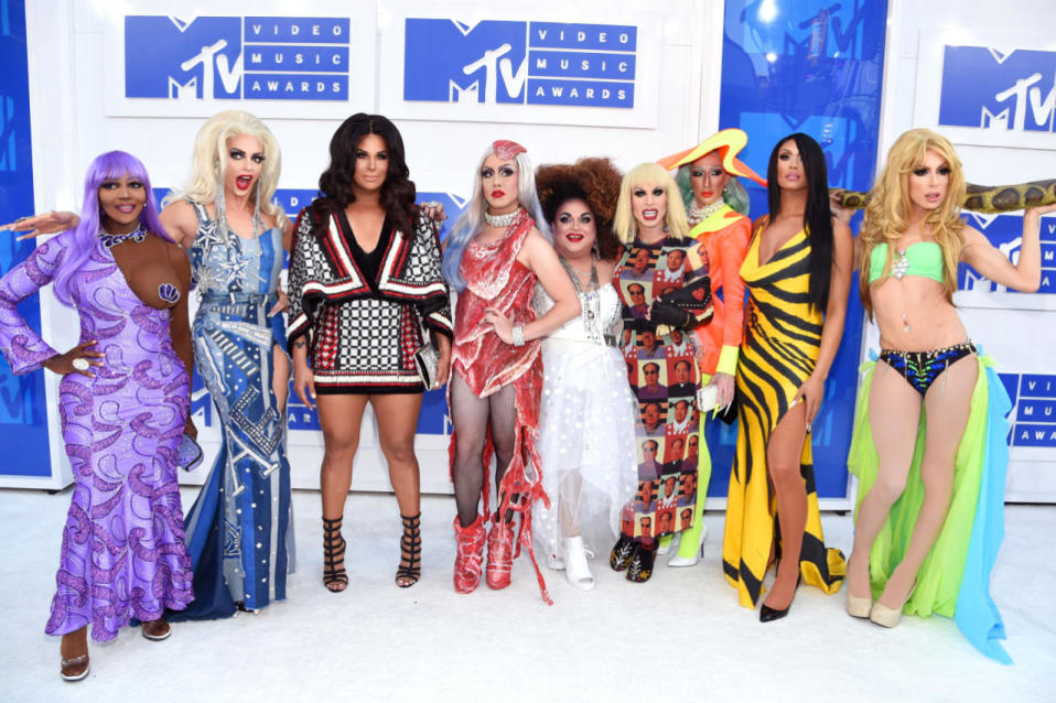 The cast of RuPaul’s Drag Race wearing iconic moments in MTV VMA history