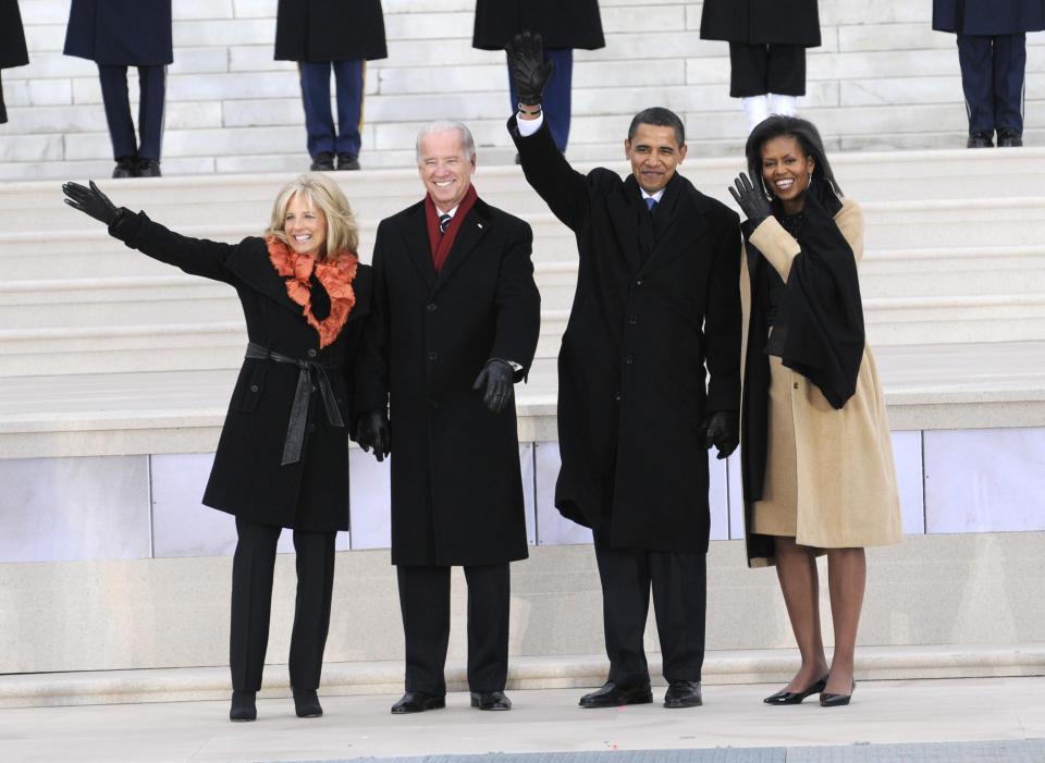 Jill and Joe Biden and Barack and Michelle Obama wave to the crowd at "We Are One: The Obama Inaugural Celebration At The Lincoln Memorial" on Jan. 18th 2009.