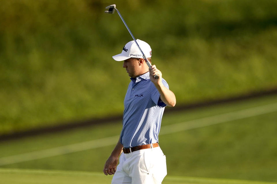 Justin Thomas reacts to his shot on the 12th green during a practice round prior to the Tournament of Champions golf event, Wednesday, Jan. 6, 2021, at Kapalua Plantation Course in Kapalua, Hawaii. (AP Photo/Matt York)