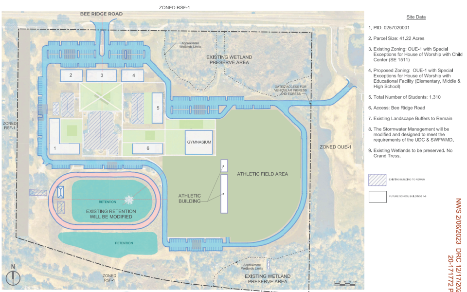 A site map for The Classical Academy, submitted to the Sarasota County Commission as part of its special exception application material last July.