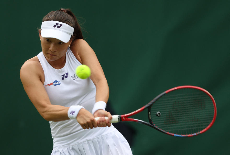 Tennis - Wimbledon - All England Lawn Tennis and Croquet Club, London, Britain - July 1, 2024 Britain's Yuriko Lily Miyazaki in action her first round match against Germany's Tamara Korpatsch REUTERS/Paul Childs