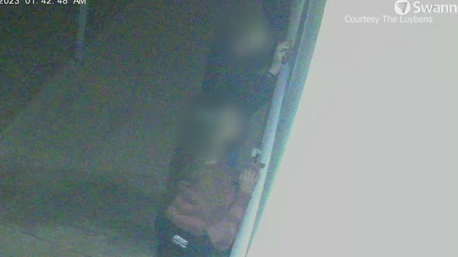 A Southern California couple remains shaken up after a video shows two people trying to enter their home and watching them while they sleep. (Luyben Family)