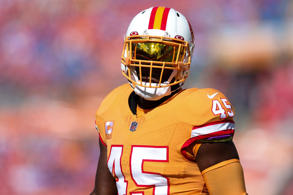 Oct 15, 2023; Tampa, Florida, USA; Tampa Bay Buccaneers linebacker Devin White (45) warms up before a game against the Detroit Lions at Raymond James Stadium. Mandatory Credit: Nathan Ray Seebeck-USA TODAY Sports