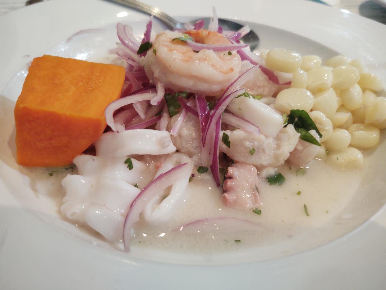 Ceviche 28’s Ceviche Mixto: Ceviche Peruvian style is served alongside toothsome steamed corn, chocio, and creamy sweet potato, camote, creating an irresistible balance of flavors and textures.