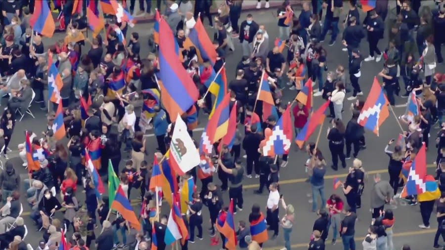 Armenian Americans and supporters gather for a march to commemorate Armenian Genocide Remembrance Day in Hollywood on April 24, 2021. (KTLA)