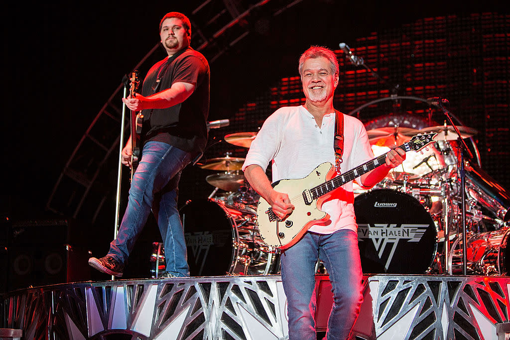 Wolfgang Van Halen plays alongside his father, Eddie Van Halen, on Sept. 30, 2015 in Chula Vista, Calif. (Photo: Daniel Knighton/Getty Images)
