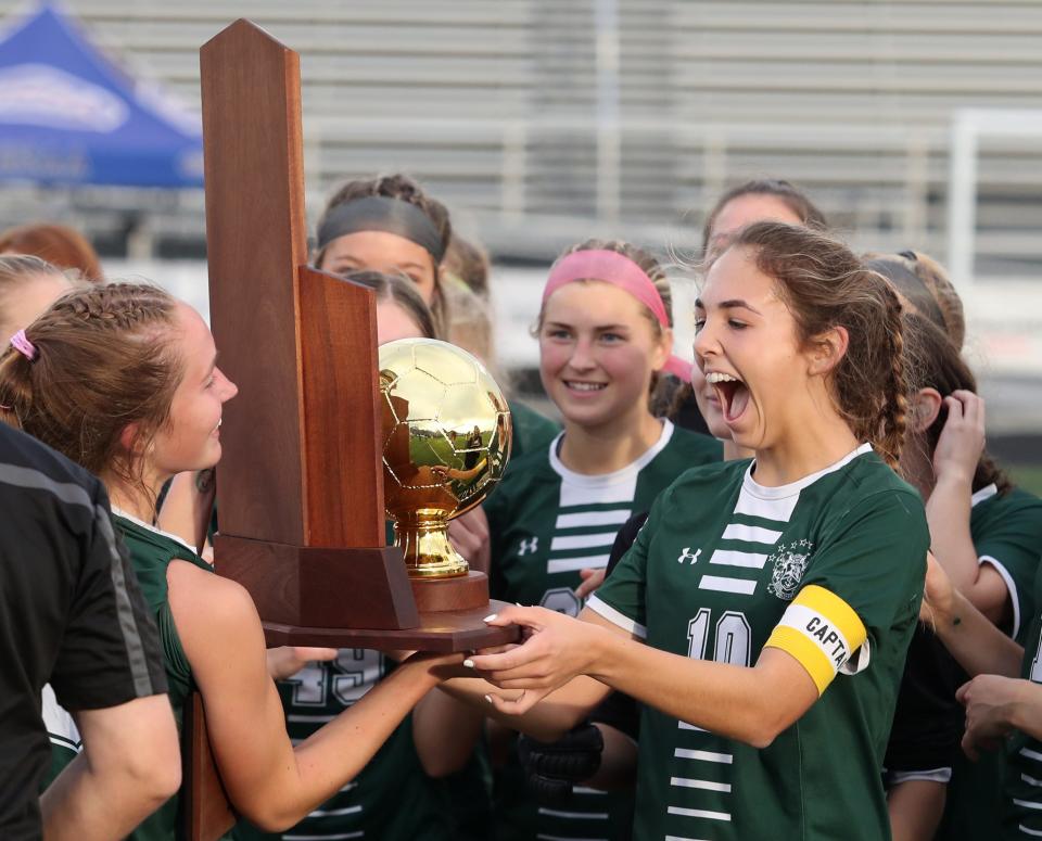 South Oldham’s Betsy Huckaby celebrates winning the state championship 5-0 over Elizabethtown.   
Oct. 29, 2022